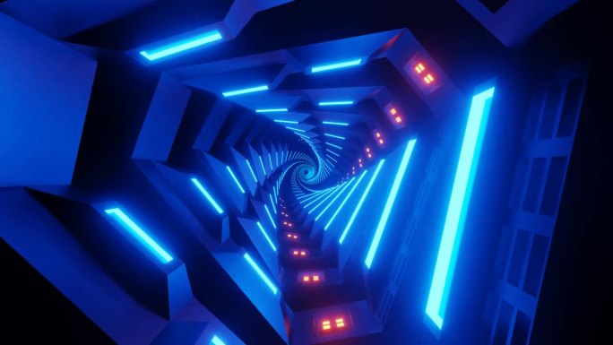 飞行在抽象旋转的科幻隧道中无缝循环。未来的VJ运动图形的音乐视频，EDM俱乐部音乐会，高科技的背景。