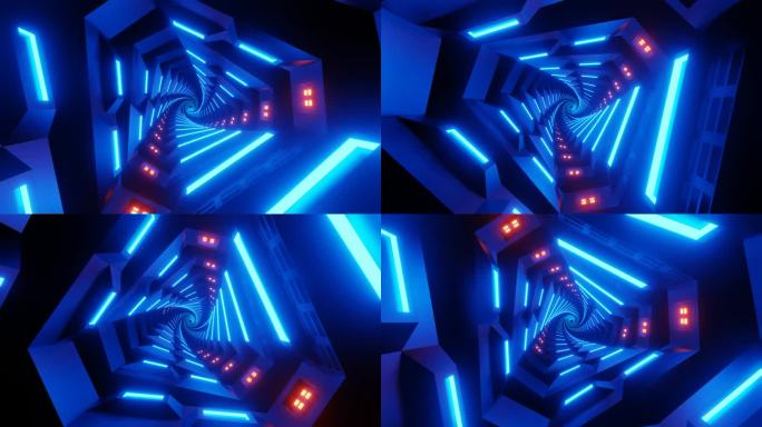 飞行在抽象旋转的科幻隧道中无缝循环。未来的VJ运动图形的音乐视频，EDM俱乐部音乐会，高科技的背景。