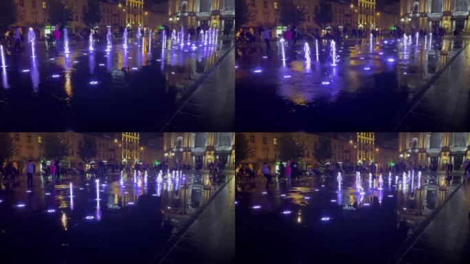 夜间喷泉，多色照明