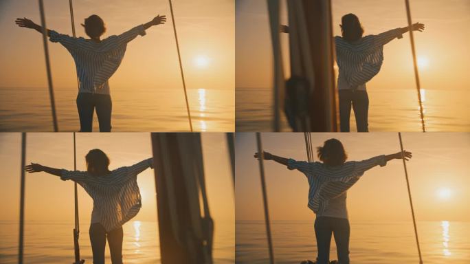 拥抱夕阳:女子站在船首，伸开双臂，凝视着地平线