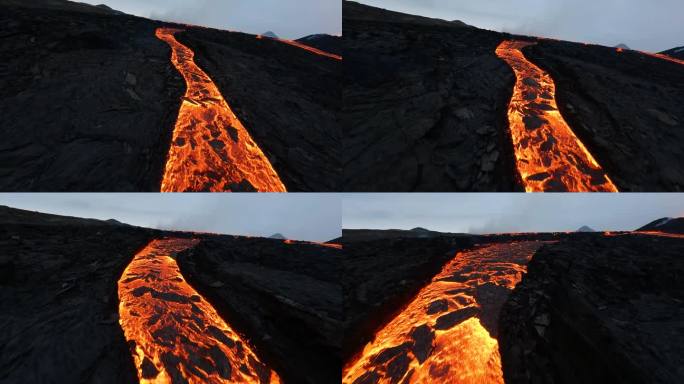 在多云的冰岛，FPV无人机沿着熔岩河飞向火山箱