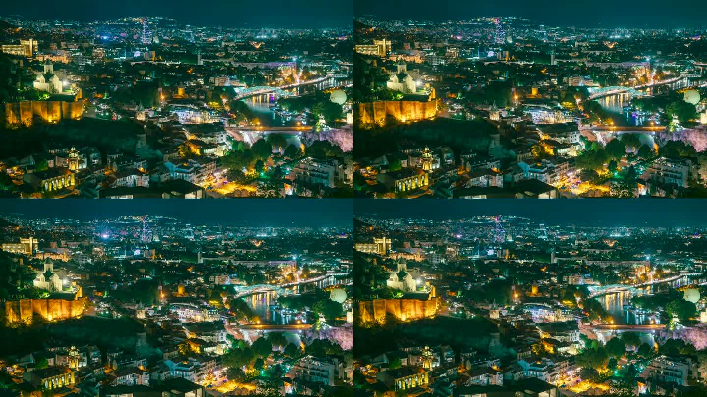第比利斯夜晚的城市和夜晚的灯光。高架俯视图
