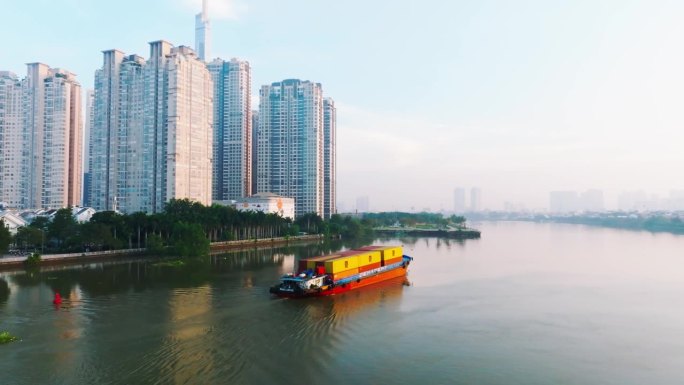 航拍越南胡志明市西贡河美妙的日出