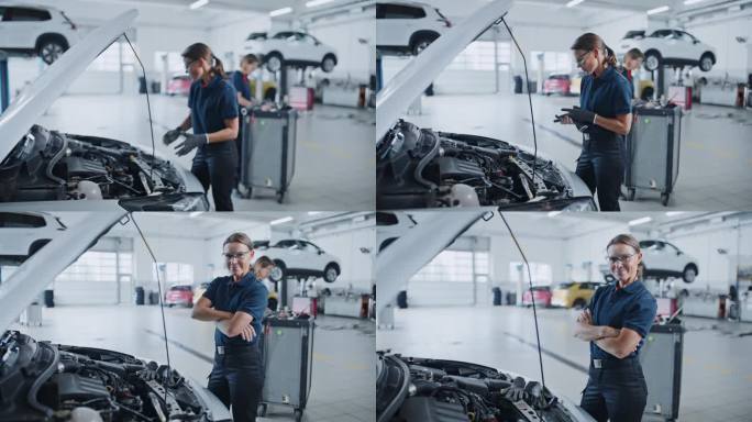 图为在汽车修理厂从事汽车发动机工作的女机械师