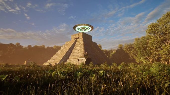 一个不明飞行物投下七彩的灯光，盘旋在日落的丛林中古老的玛雅神庙遗址上方，与外星人站在一旁闲望，3D动