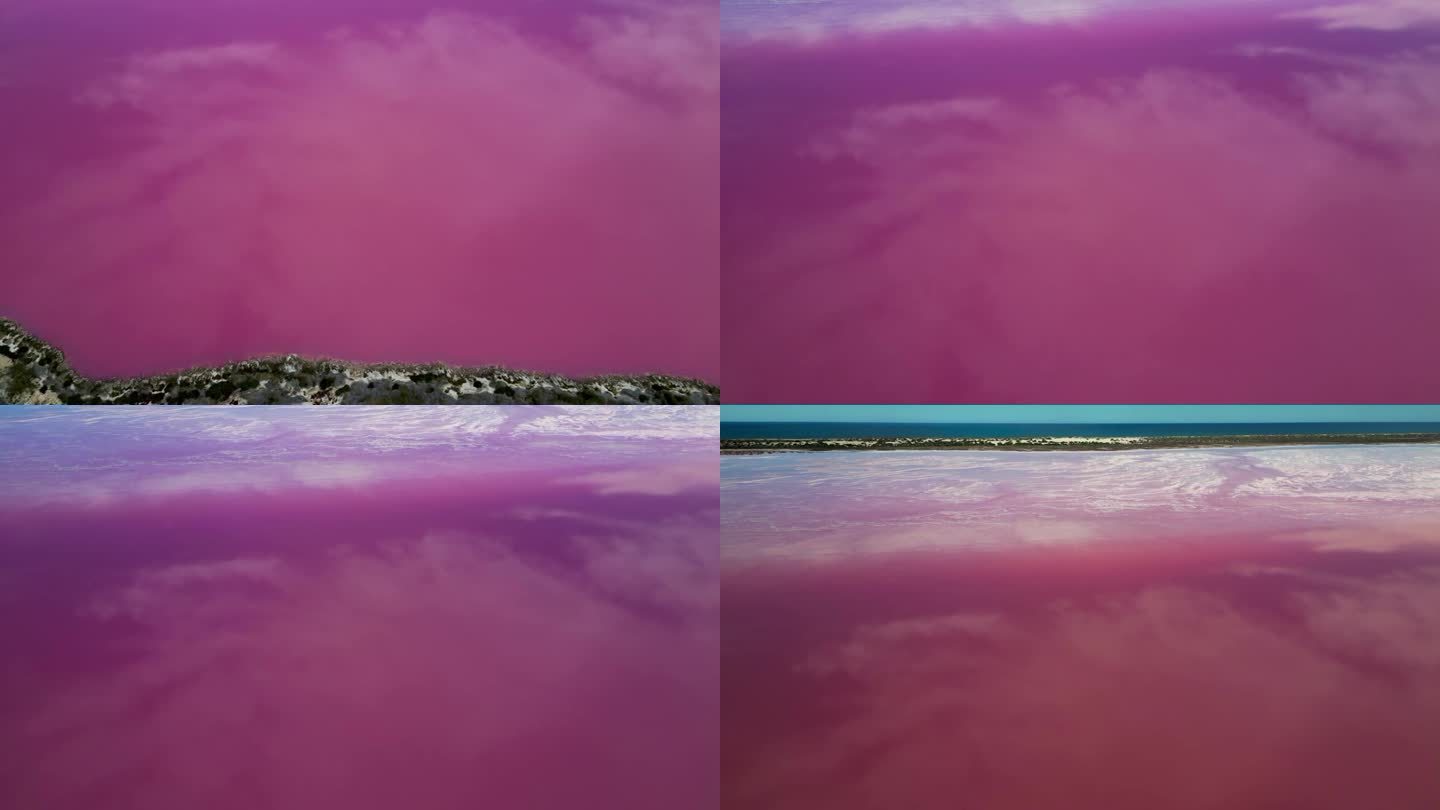 从无人机俯瞰赫特湖粉红湖，向上倾斜到遥远的印度洋，云层反射在粉红色的湖面上。