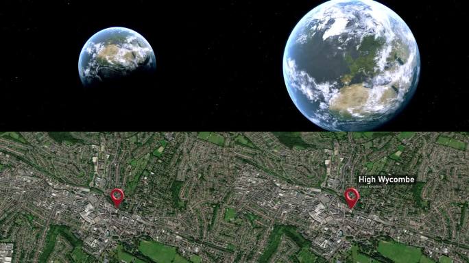 海威科姆市地图从太空缩放到地球，英格兰，英国