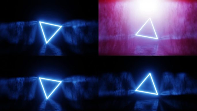 蓝色的霓虹灯三角形在房间的墙壁上反光，顺时针旋转，灯光闪烁，循环动画