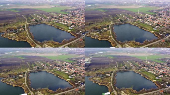 Zrenjanin镇边缘一个小湖的鸟瞰图，旁边是一个大湖
