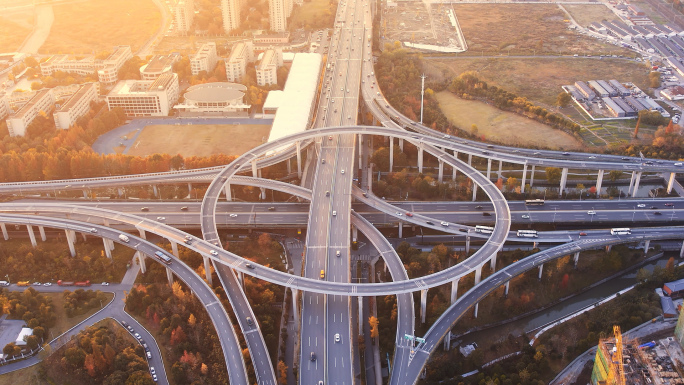高架桥交通枢纽杭州日出日落车流城市建设