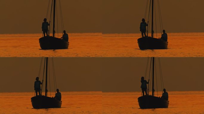 日落时分，一对情侣在木船上享受浪漫宁静的旅程