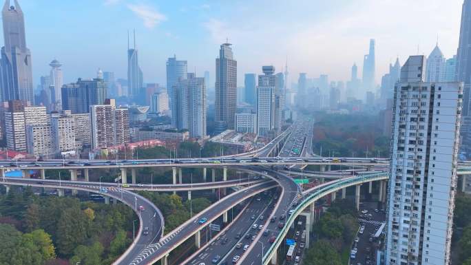 上海延安高架立交桥早高峰交通车流