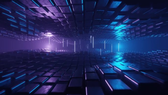 无缝运动回路是由霓虹蓝色的反射立方体块组成的两个波弯曲平面之间的抽象隧道