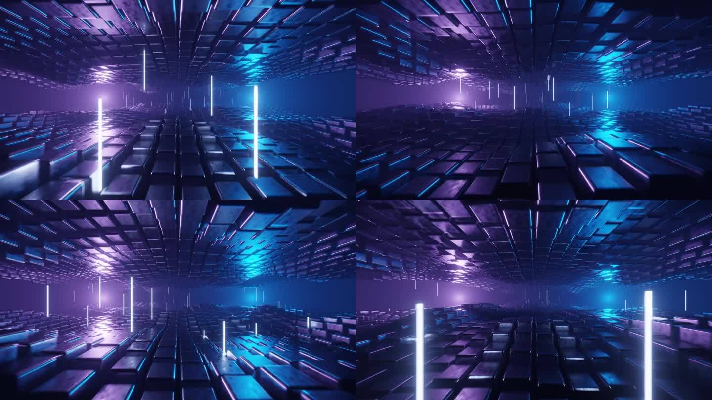 无缝运动回路是由霓虹蓝色的反射立方体块组成的两个波弯曲平面之间的抽象隧道