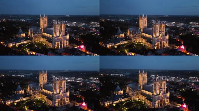 黄昏时分，英国林肯郡标志性的林肯大教堂的航拍无人机视频，照亮了其宏伟的哥特式建筑。