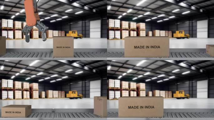 印度制造进出口概念。纸箱与产品从印度在滚筒输送机