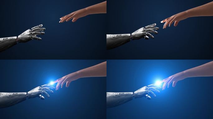 未来的连接:人工智能机器人和人类的手指触摸。电能。