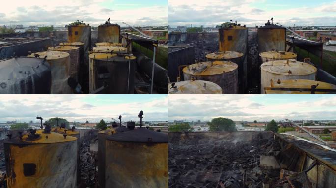 受损的储油容器和烟雾覆盖的残骸。火破坏。空中