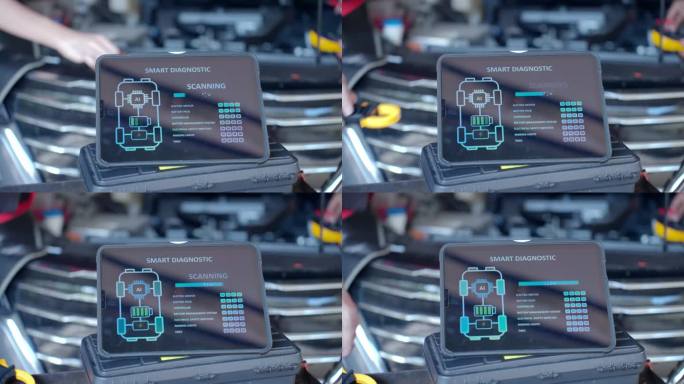 近距离拍摄的数字显示测量混合动力汽车的性能使用技术与智能诊断系统，而不认识的机械师在车间工作的背景。