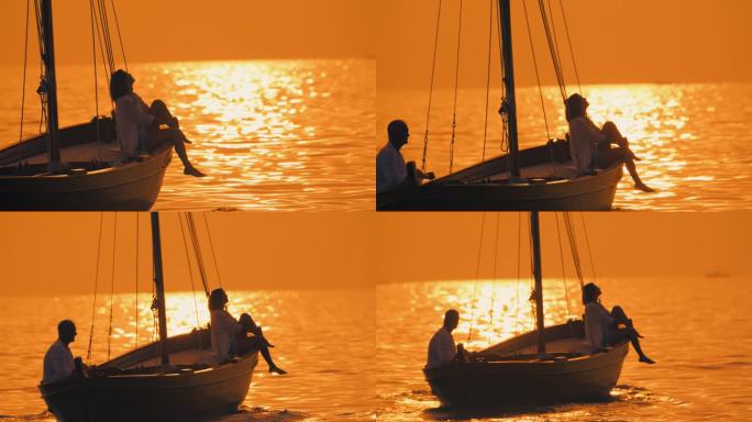 日落时分，一对情侣在木船上享受浪漫宁静的航行