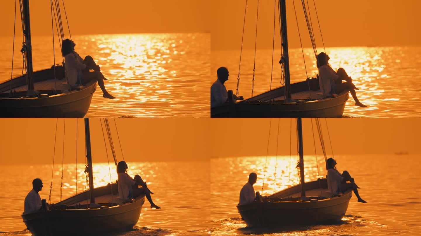日落时分，一对情侣在木船上享受浪漫宁静的航行