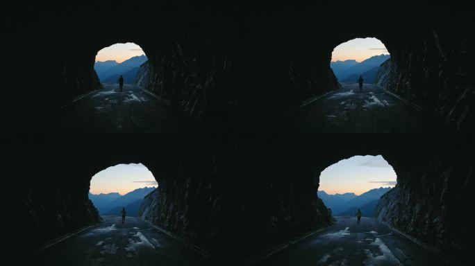 日出时在深山隧道里慢跑的女人的剪影