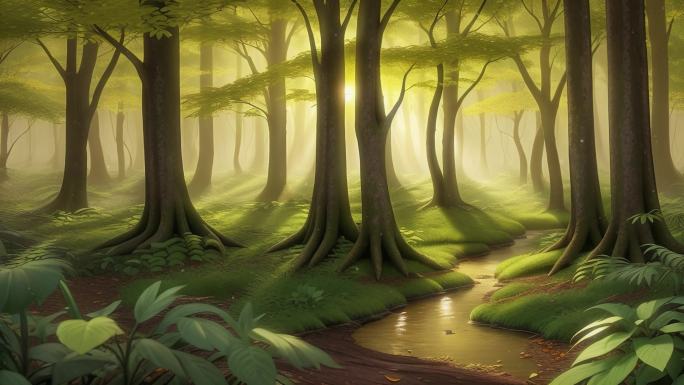 4K唯美生态绿色卡通动漫有氧森林背景