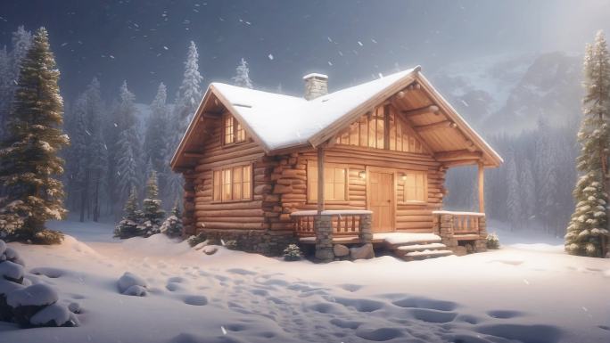4K唯美冬天雪山雪地野外木房子背景