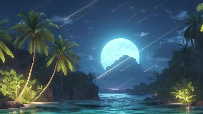 6K宽屏大屏唯美海边椰子树星夜背景