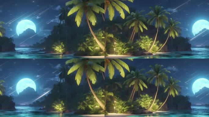 6K宽屏大屏唯美海边椰子树星夜背景