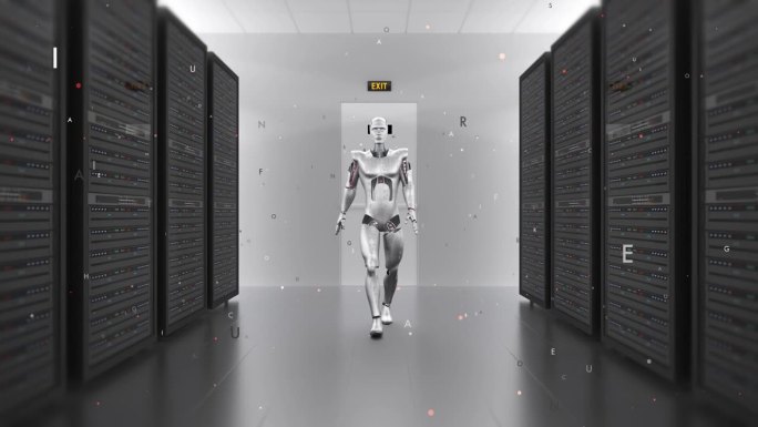 在服务器机房行走的未来机器人。电脑。