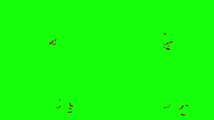 砖块碎片掉落和散落在绿色屏幕背景表面。用于色度键透明混合的动画叠加。爆炸和爆破的概念。