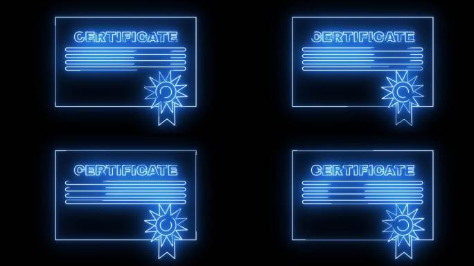 动画证书纸图标与发光的霓虹灯效果