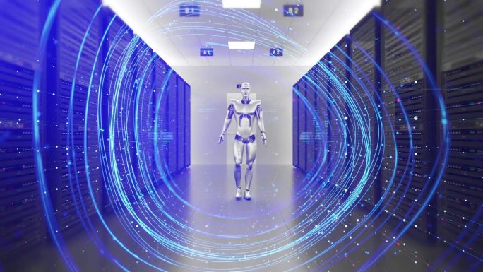 未来的AI机器人在服务器机房行走。