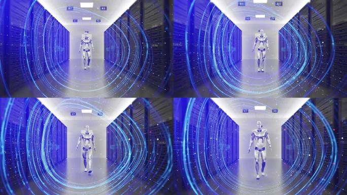 未来的AI机器人在服务器机房行走。