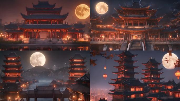 中式建筑月光下大宋唐朝朝代