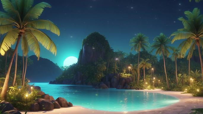 6K宽屏大屏沙滩海边椰子树星夜背景