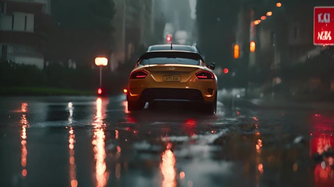 雨天行驶中的黄色豪华汽车