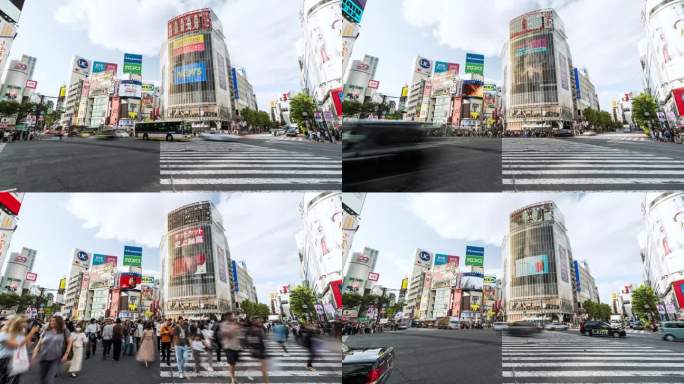 涩谷城市生活的时间流逝，日本东京的旅游景点地标。日本人山人海，游客走在拥挤的十字广场。汽车交通运输。