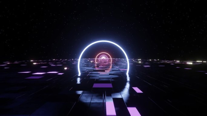 未来的科幻景观，金属地板上霓虹灯发光的圆圈走廊，星空背景。3D渲染动画