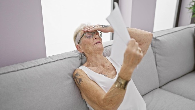 室内闷热，满头大汗，白发苍苍的老妇人，忍受着炎热的空气，在家里巧妙地用文件当手扇