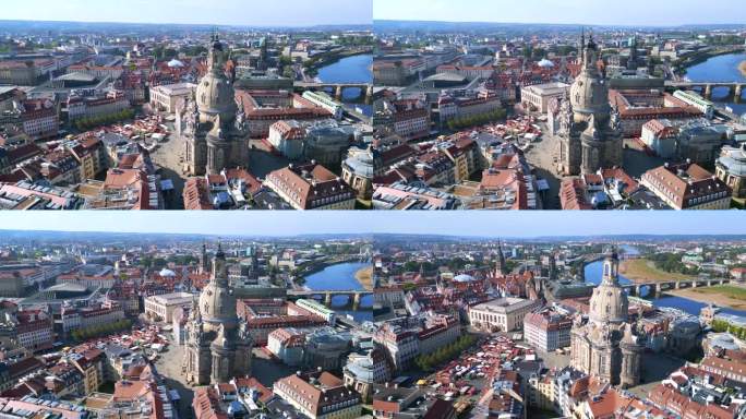 奇妙的空中俯瞰飞行
德累斯顿市妇女教堂德国小镇Frauenkirche，夏日23日晴空万里。超移运动