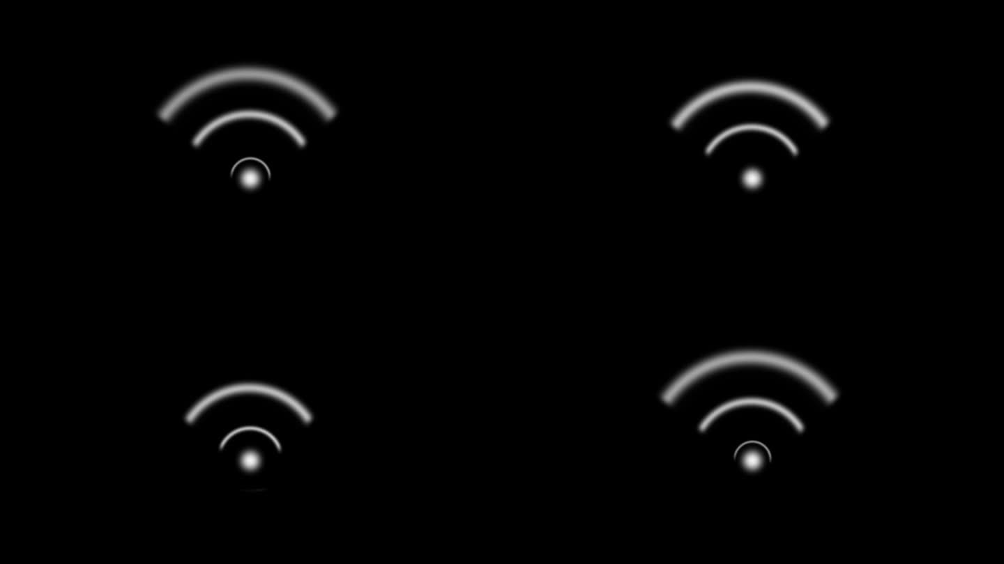 WiFi信号图标动画黑色背景。Wi-Fi符号和互联网连接动画图标隔离在Alpha频道