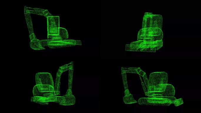 3D迷你挖掘机在黑色背景上旋转。工程机械概念。设备和机械建设。商业广告背景。用于标题，文本，演示。3