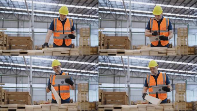 在托盘制造工厂，成人检查木材在送至码垛前的直度。质量控制和保证。
