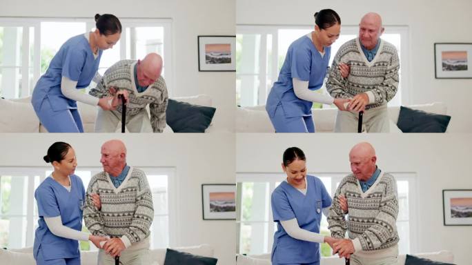 老人，老人和护士拄着拐杖，坐在养老院客厅的沙发上帮助和支持。在安宁疗护中提供帮助、同情和行动服务的长
