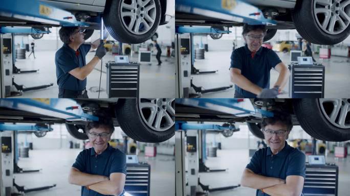 肖像男机械师在汽车修理店用灯检查汽车