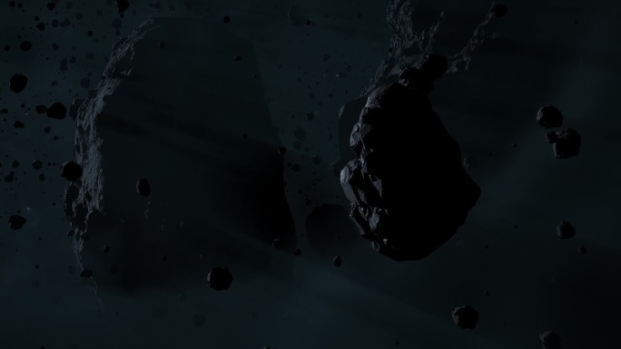 在黑暗的外太空中穿越小行星场的缓慢滚动推入镜头