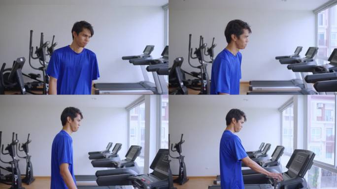 亚洲年轻的截肢者没有手臂在跑步机上跑步健身。有吸引力的快乐的残疾运动员，运动员锻炼和锻炼，以保持肌肉