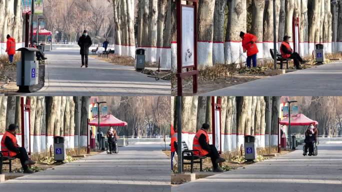 宁夏银川中山公园冬天散步环卫工人